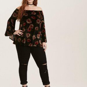 Floral Print Velvet Off Shoulder Bell Sleeve Top